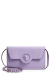 Versace La Medusa Leather Wallet On A Strap In Lilac-lilac- Gold