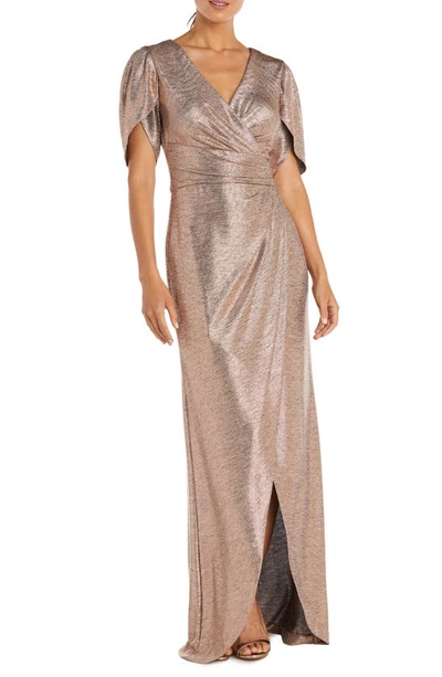 Nightway Shimmer Tulip Sleeve Faux Wrap Gown In Rose/gold