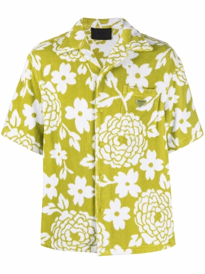 Prada Floral-print Terrycloth Short-sleeve Shirt In Green