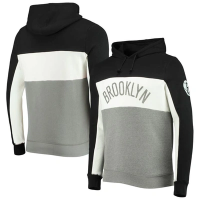 Junk Food Men's Black, White Brooklyn Nets Wordmark Colorblock Fleece Pullover Hoodie In Black,white