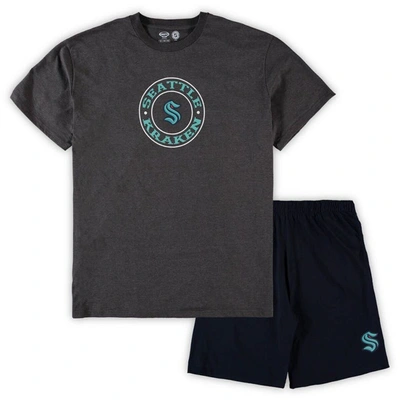 Concepts Sport Deep Sea Blue/heathered Charcoal Seattle Kraken Big & Tall T-shirt & Shorts Sleep Set In Deep Sea Blue,heathered Charcoal