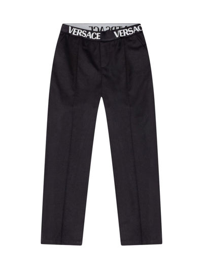 Versace Logo-waistband Straight Trousers In Black