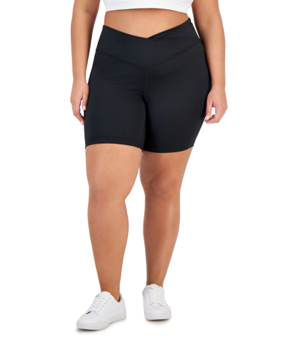 Jenni Plus Size Crossover-waist Bike Shorts, Created For Macy's In Deep Black