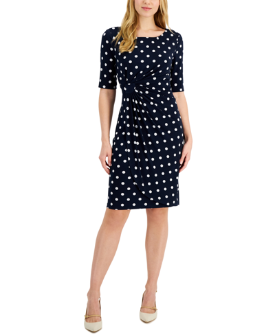 Connected Plus Size Dot-print Side-tab Sheath Dress In Navy