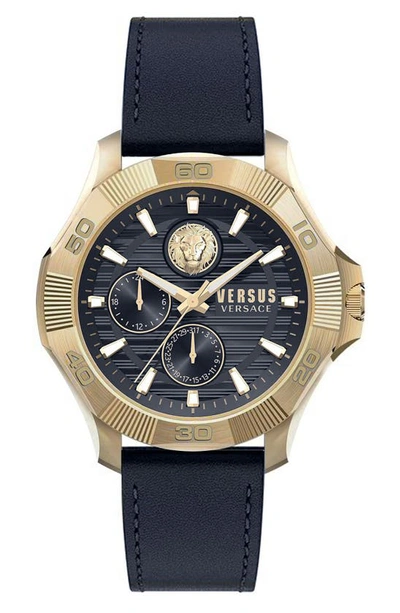 Versus Dtla Multifunction Leather Strap Watch, 46mm In Black/gold