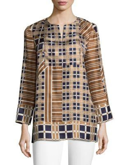 Lafayette 148 Long-sleeve Silk Plaid Top In Sepia