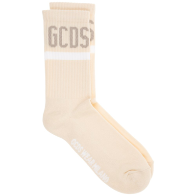 Gcds Logo Intarsia Ribbed Socks In Beige
