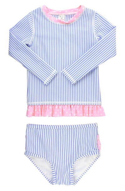 Rufflebutts Babies' Girl's Seersucker Long-sleeve Rash Guard Bikini Set In Blue