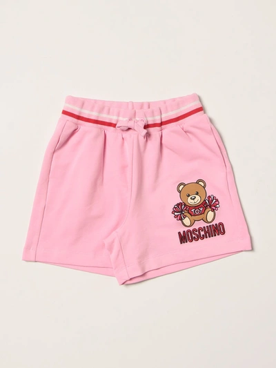 Moschino Kid Kids' Cotton Shorts With Teddy Bear In Pink