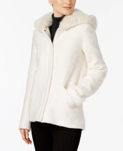 Laundry By Shelli Segal Faux Fur Trim Coat In Ivory