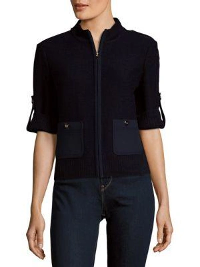 St John Ribbed Trim Knit Bomber Jacket In Navy