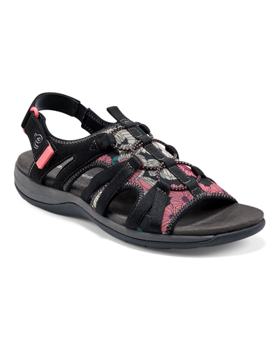Easy Spirit Women's Spark Open Toe Casual Flat Sandals Women's Shoes In Black Floral