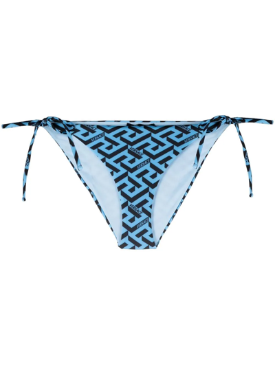 Versace La Greca Monogram Print Side Tie Bikini Bottoms In Sky & Black