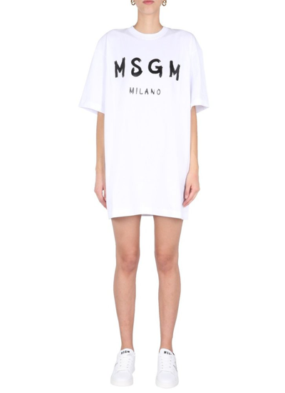 Msgm White Cotton Logo Dress