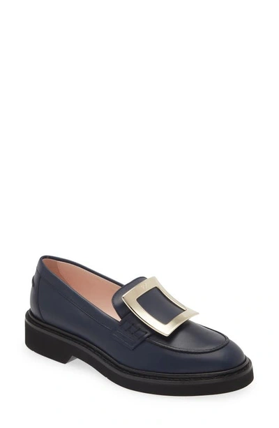 Roger Vivier 25mm Viv Rangers Buckle Leather Loafers In Navy Blue