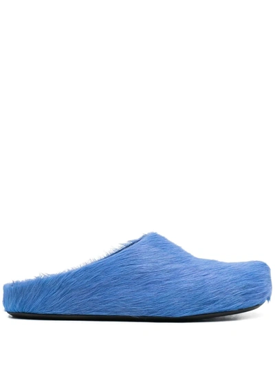 Marni Long Hair Leather Fussbett Sabot Loafers In Blue