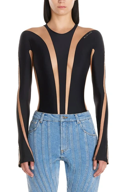 Mugler Illusion Mesh Long Sleeve Bodysuit In Black Nude 02