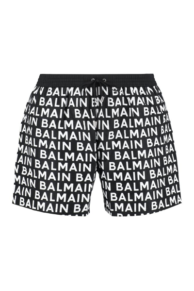 Balmain All-over Logo-print Swim Shorts In Black