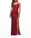 La Femme Simple One Shoulder Long Sequin Evening Gown In Red