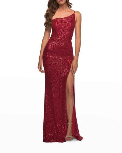 La Femme Simple One Shoulder Long Sequin Evening Gown In Red