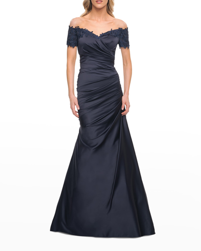 La Femme Off The Shoulder Satin And Lace Mermaid Pleated Gown In Blue