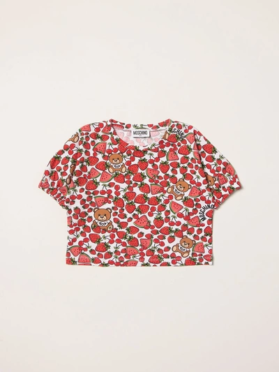 Moschino Kid Kids' Cropped T-shirt With All-over Strawberry Prints In Red