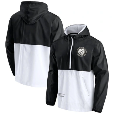 Fanatics Men's  Branded Black, White Brooklyn Nets Anorak Block Party Windbreaker Half-zip Hoodie Jac In Black,white