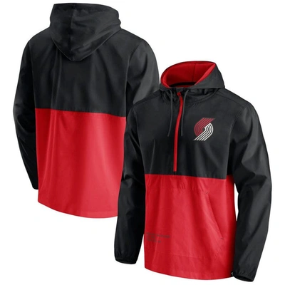 Fanatics Branded Black/red Portland Trail Blazers Anorak Block Party Windbreaker Half-zip Hoodie Jac