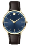 Movado 40mm Yellow Gold Ultra Slim Watch, Brown In Brown/ Blue/ Gold