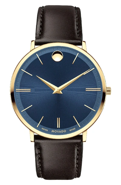 Movado 40mm Yellow Gold Ultra Slim Watch, Brown In Brown/ Blue/ Gold