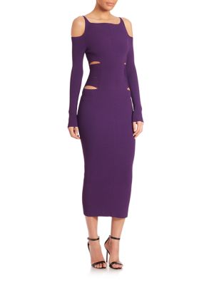Roberto Cavalli Cold Shoulder Knitted Midi Dress In Purple | ModeSens