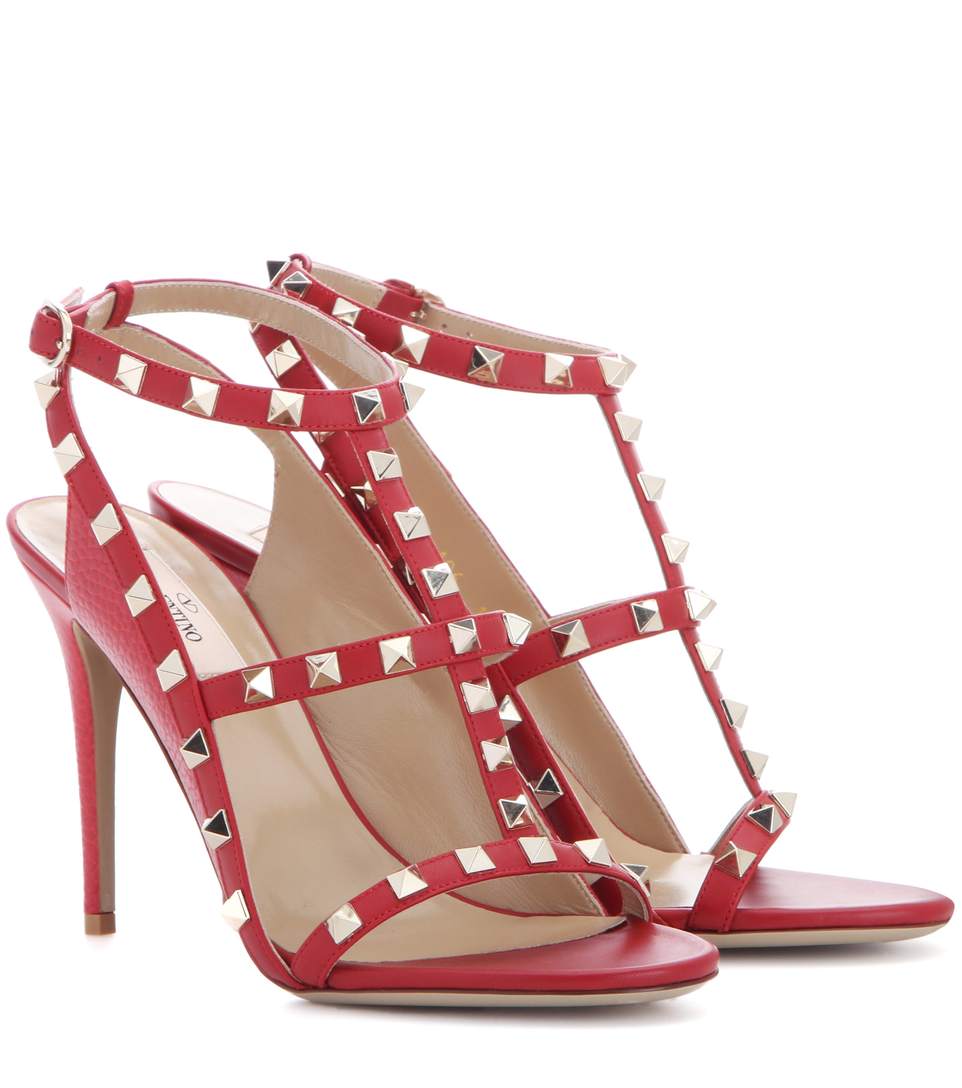 Valentino Garavani Rockstud Leather T-strap Sandals In Red | ModeSens