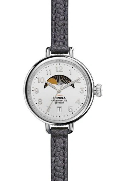 Shinola The Birdy Moon Phase Leather Strap Watch, 34mm In Navy/ Silver