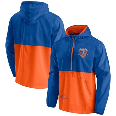 Fanatics Branded Blue/orange New York Knicks Anorak Block Party Windbreaker Half-zip Hoodie Jacket In Blue,orange