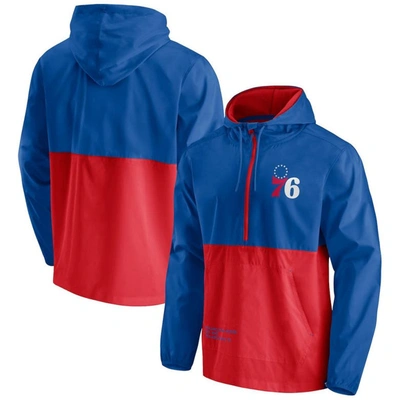 Fanatics Branded Royal/red Philadelphia 76ers Anorak Block Party Windbreaker Half-zip Hoodie Jacket In Royal,red