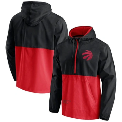 Fanatics Branded Black/red Toronto Raptors Anorak Block Party Windbreaker Half-zip Hoodie Jacket In Black,red