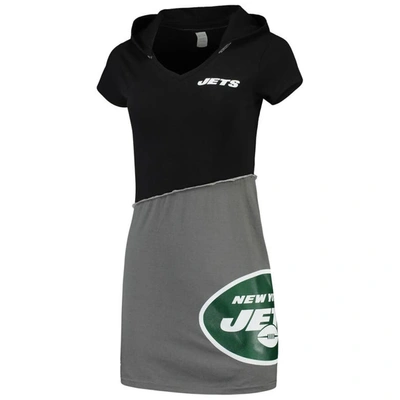 Refried Apparel Black/gray New York Jets Sustainable Hooded Mini Dress In Black,gray