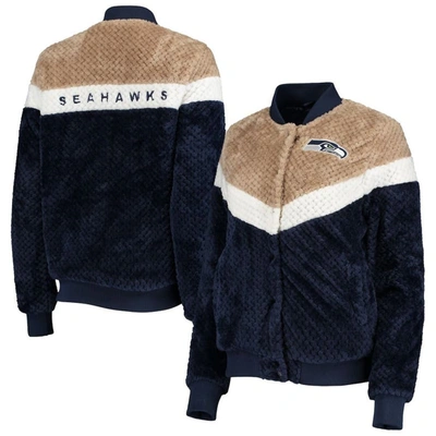 G-iii 4her By Carl Banks Women's College Navy, Cream Seattle Seahawks Riot Squad Sherpa Full-snap Jacket In Navy,cream