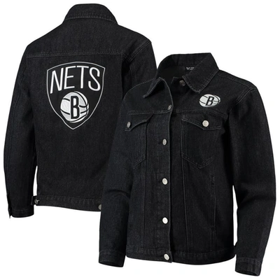 The Wild Collective Black Brooklyn Nets Patch Denim Button-up Jacket