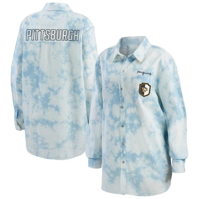 Wear By Erin Andrews White Pittsburgh Penguins Oversized Tie-dye Button-up Denim Shirt