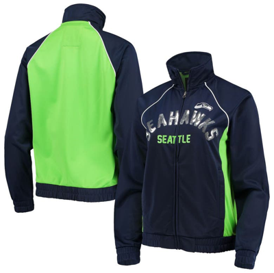 G-iii 4her By Carl Banks Women's College Navy And Neon Green Seattle Seahawks Backfield Raglan Full-zip Track Jacket In College Navy,neon Green