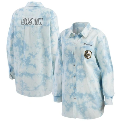 Wear By Erin Andrews White Boston Bruins Oversized Tie-dye Button-up Denim Shirt