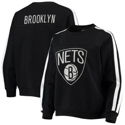 The Wild Collective Women's  Black Brooklyn Nets Perforated Logo Pullover Sweatshirt