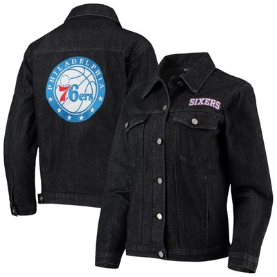 The Wild Collective Black Philadelphia 76ers Patch Denim Button-up Jacket