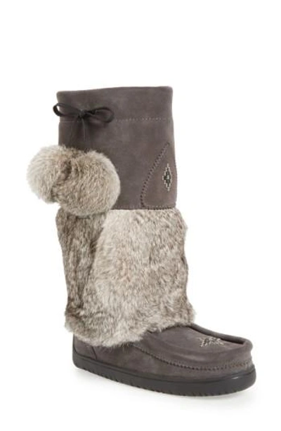 Manitobah Mukluks Snowy Owl Waterproof Genuine Fur Waterproof Boot In Charcoal Rabbit Fur Suede