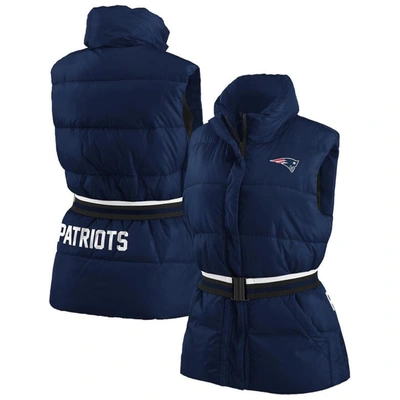 Wear By Erin Andrews Navy New England Patriots Full-zip Puffer Vest With Belt
