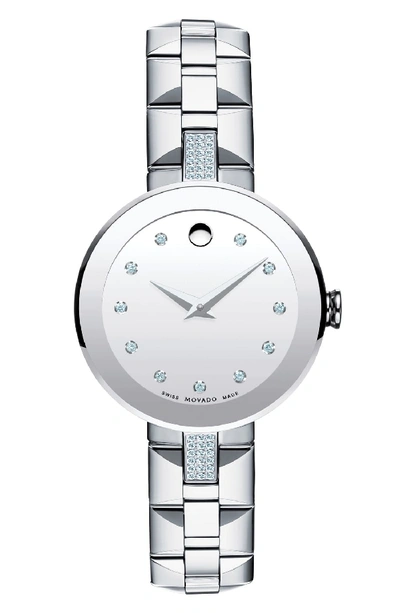 Movado 'sapphire' Diamond Mirror Dial Bracelet Watch, 28mm In White/silver