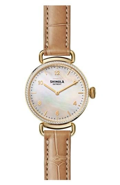 Shinola Canfield Diamond Alligator Strap Watch, 32mm In Natural/ Mother Of Pearl/ Gold