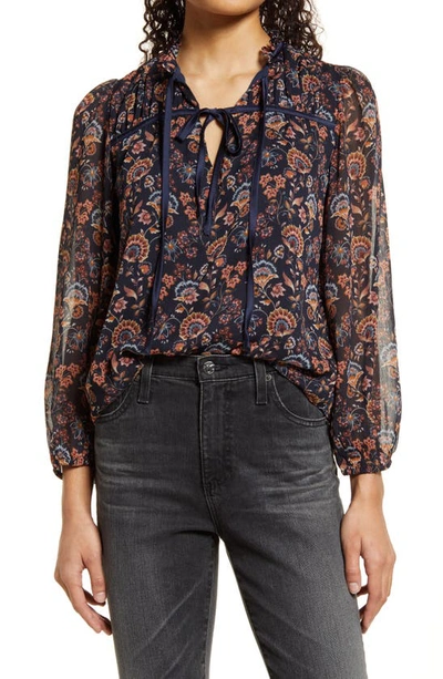 1.state Long Sleeve Ruched Yoke Tie Neck Top In Chintz Vines