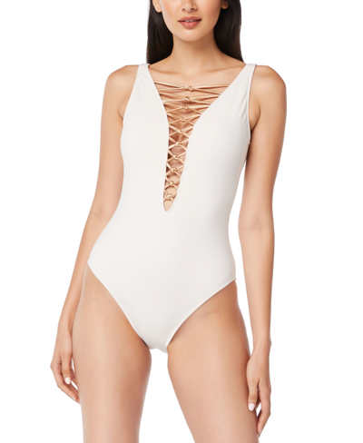Bleu Rod Beattie Let's Get Knotty Lace Down One-piece Swimsuit In Coconut Water